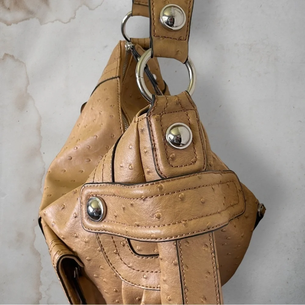 GUESS Enchanted Faux Ostrich Leather Tan and Silver Hobo Bag